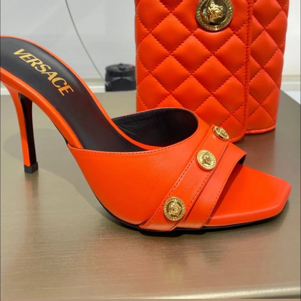 Versace Orange Heeled Mules with Gold Accents